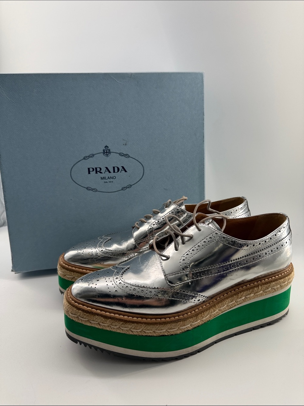Prada Silver Metallic Platform Wingtip Oxfords with Green Sole